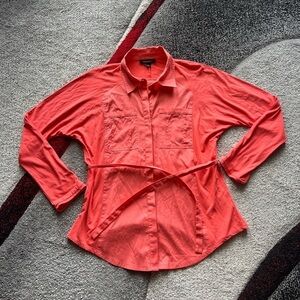 Foxcroft Coral Jersey Knit Cinched Waist Button Front Shirt
